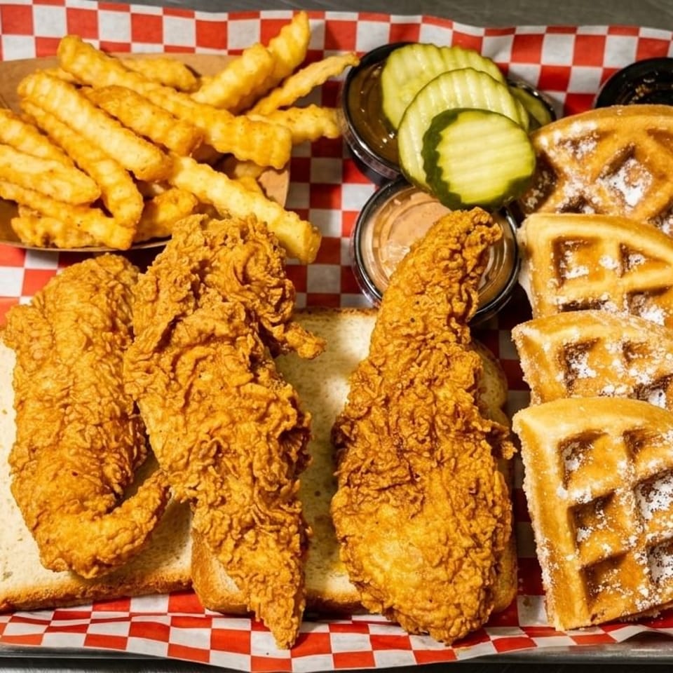 Crispy fried chicken tenders, crinkle-cut fries, waffles, pickles, and dipping sauces on a tray.
