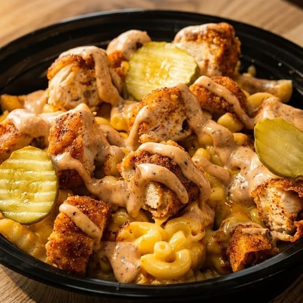 Close-up of a black bowl filled with macaroni and cheese, topped with fried chicken and pickles.