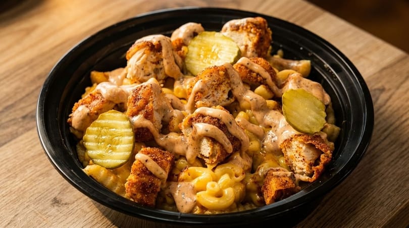 Close-up of a black bowl filled with macaroni and cheese, topped with fried chicken and pickles.