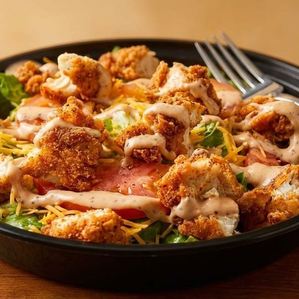 Crispy chicken salad with lettuce, tomatoes, shredded cheese, and creamy dressing in a black bowl.