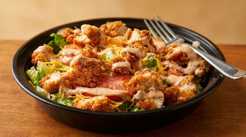 Crispy chicken salad with lettuce, tomatoes, shredded cheese, and creamy dressing in a black bowl.