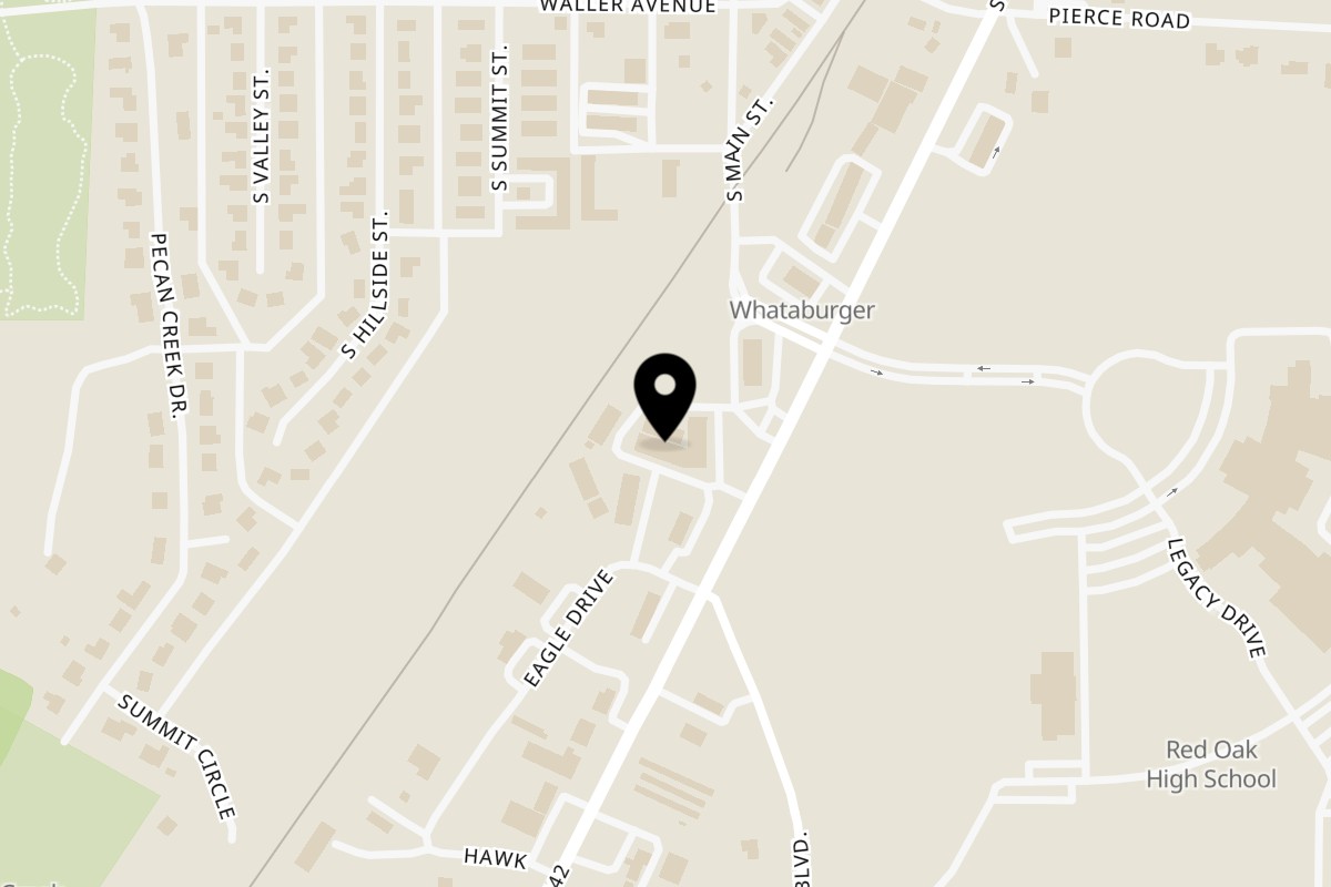 Map showing the location of Wicked Good Chicken on 205 Main St in Red Oak